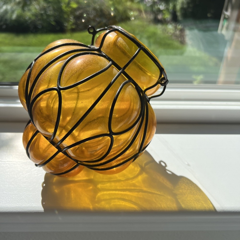 Hanging Iron Caged Amber Glass Bubble Candle Holder Luminary Vase Moroccan MCM